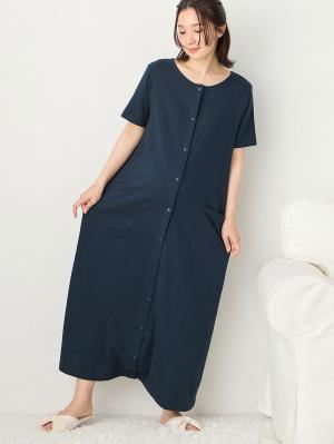 マタニティ パジャマ・ルームウェア|【防汚加工】【長袖・半袖】【２WAY】綿100％前開きネグリジェ　マタニティ・授乳パジャマ【産後も長く着れる】|ネイビー(半袖)