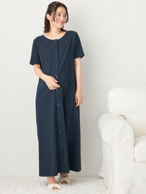 マタニティ パジャマ・ルームウェア|【防汚加工】【長袖・半袖】【２WAY】綿100％前開きネグリジェ　マタニティ・授乳パジャマ【産後も長く着れる】|ネイビー(半袖)