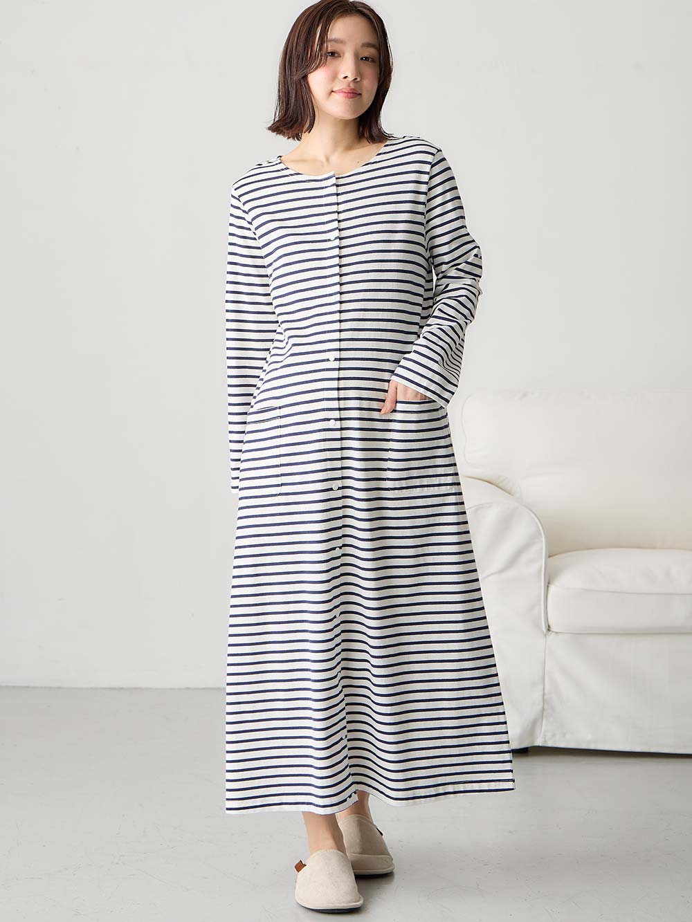 マタニティ パジャマ・ルームウェア|【防汚加工】【2WAY】綿100％前開き長袖ネグリジェ　マタニティ・授乳パジャマ【産後も長く着れる】|オフ×ネイビーボーダー