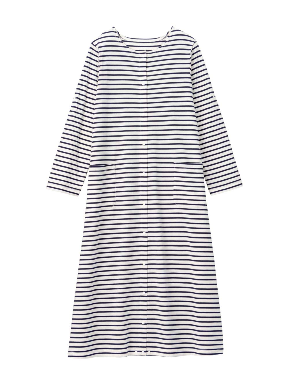 マタニティ パジャマ・ルームウェア|【防汚加工】【2WAY】綿100％前開き長袖ネグリジェ　マタニティ・授乳パジャマ【産後も長く着れる】|オフ×ネイビーボーダー