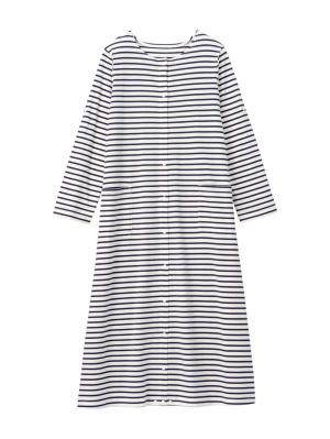 マタニティ パジャマ・ルームウェア|【防汚加工】【2WAY】綿100％前開き長袖ネグリジェ　マタニティ・授乳パジャマ【産後も長く着れる】|オフ×ネイビーボーダー