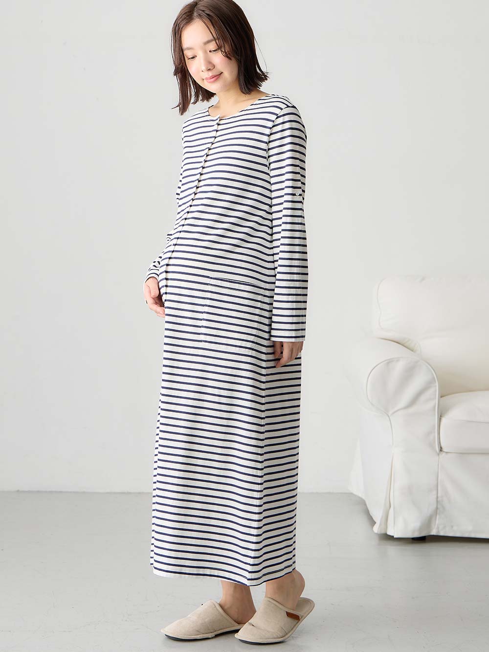 マタニティ パジャマ・ルームウェア|【防汚加工】【2WAY】綿100％前開き長袖ネグリジェ　マタニティ・授乳パジャマ【産後も長く着れる】|オフ×ネイビーボーダー