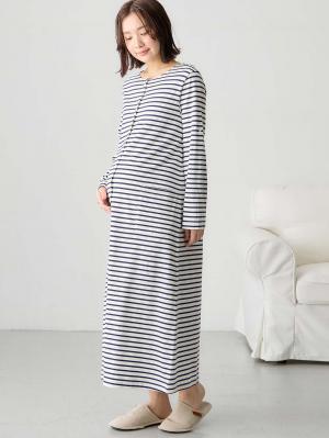 マタニティ パジャマ・ルームウェア|【防汚加工】【2WAY】綿100％前開き長袖ネグリジェ　マタニティ・授乳パジャマ【産後も長く着れる】|オフ×ネイビーボーダー