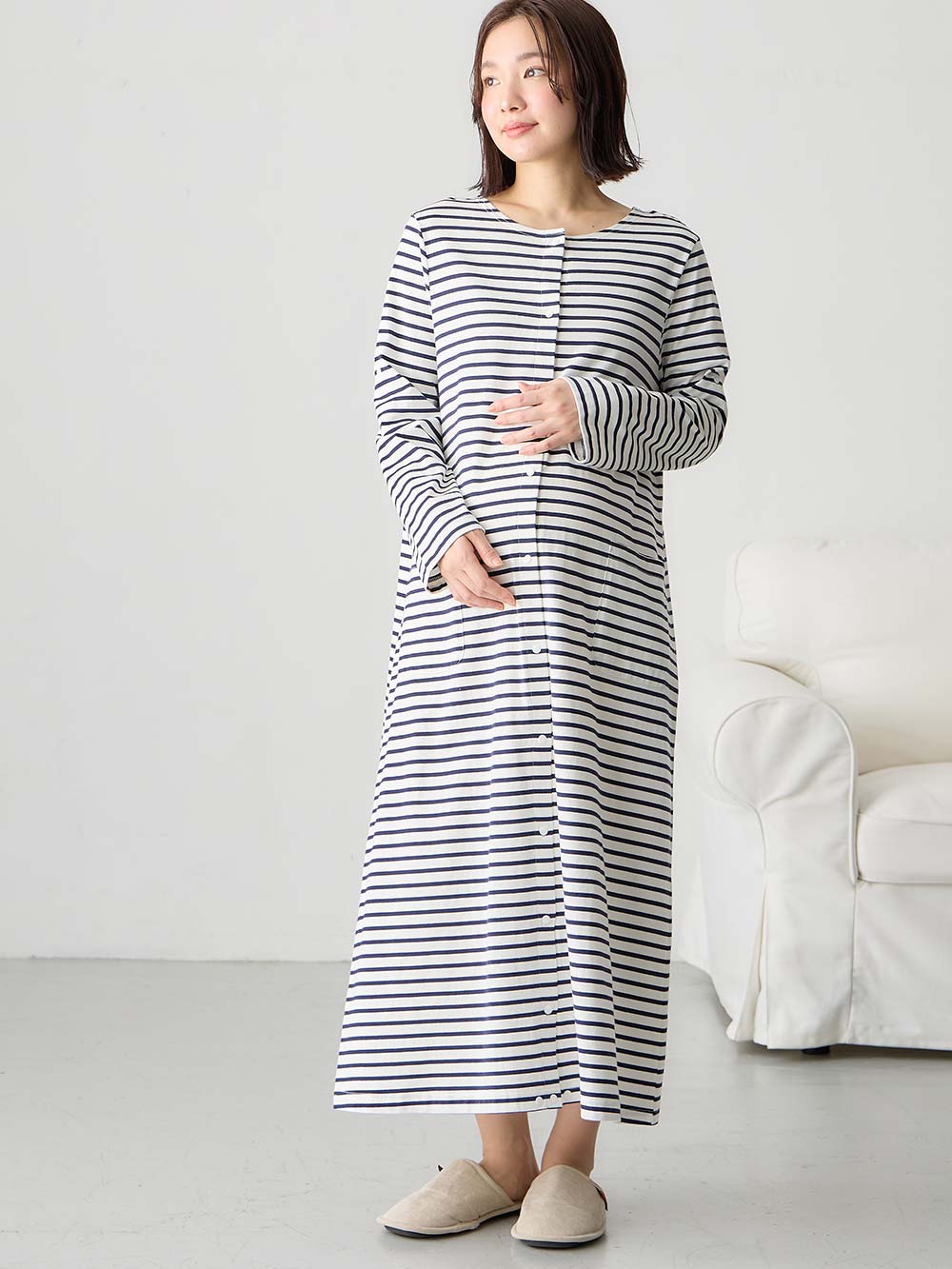 マタニティ パジャマ・ルームウェア|【防汚加工】【2WAY】綿100％前開き長袖ネグリジェ　マタニティ・授乳パジャマ【産後も長く着れる】|オフ×ネイビーボーダー