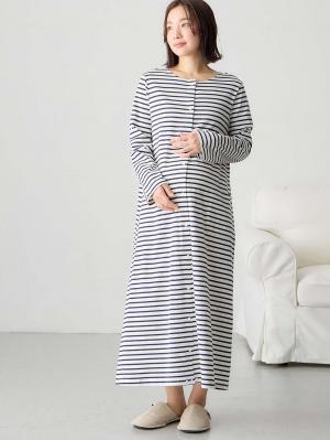 マタニティ パジャマ・ルームウェア|【防汚加工】【2WAY】綿100％前開き長袖ネグリジェ　マタニティ・授乳パジャマ【産後も長く着れる】|オフ×ネイビーボーダー