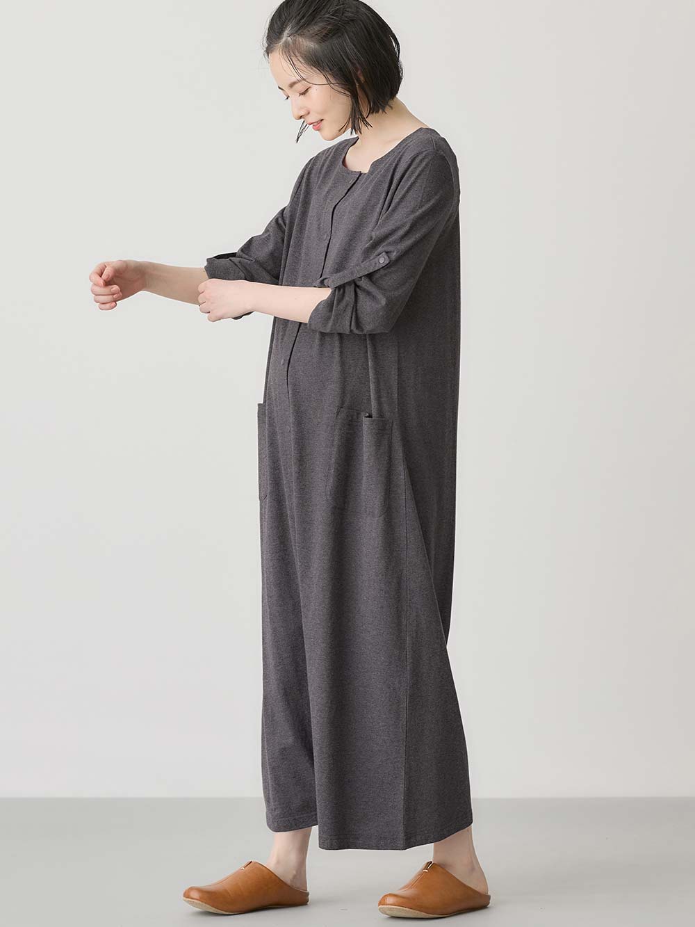 マタニティ パジャマ・ルームウェア|【防汚加工】【2WAY】綿100％前開き長袖ネグリジェ　マタニティ・授乳パジャマ【産後も長く着れる】|チャコール