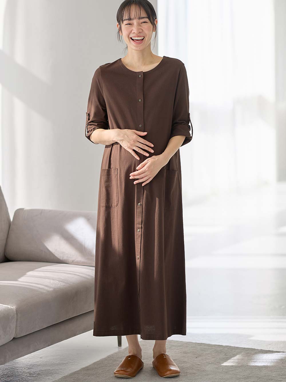 マタニティ パジャマ・ルームウェア|【防汚加工】【2WAY】綿100％前開き長袖ネグリジェ　マタニティ・授乳パジャマ【産後も長く着れる】|ブラウン