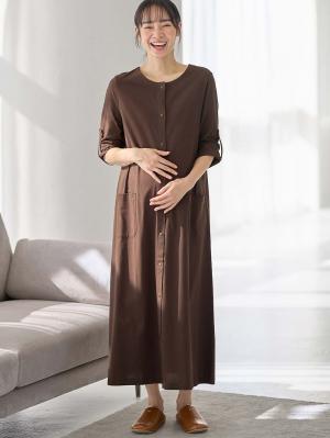 マタニティ パジャマ・ルームウェア|【防汚加工】【2WAY】綿100％前開き長袖ネグリジェ　マタニティ・授乳パジャマ【産後も長く着れる】|ブラウン