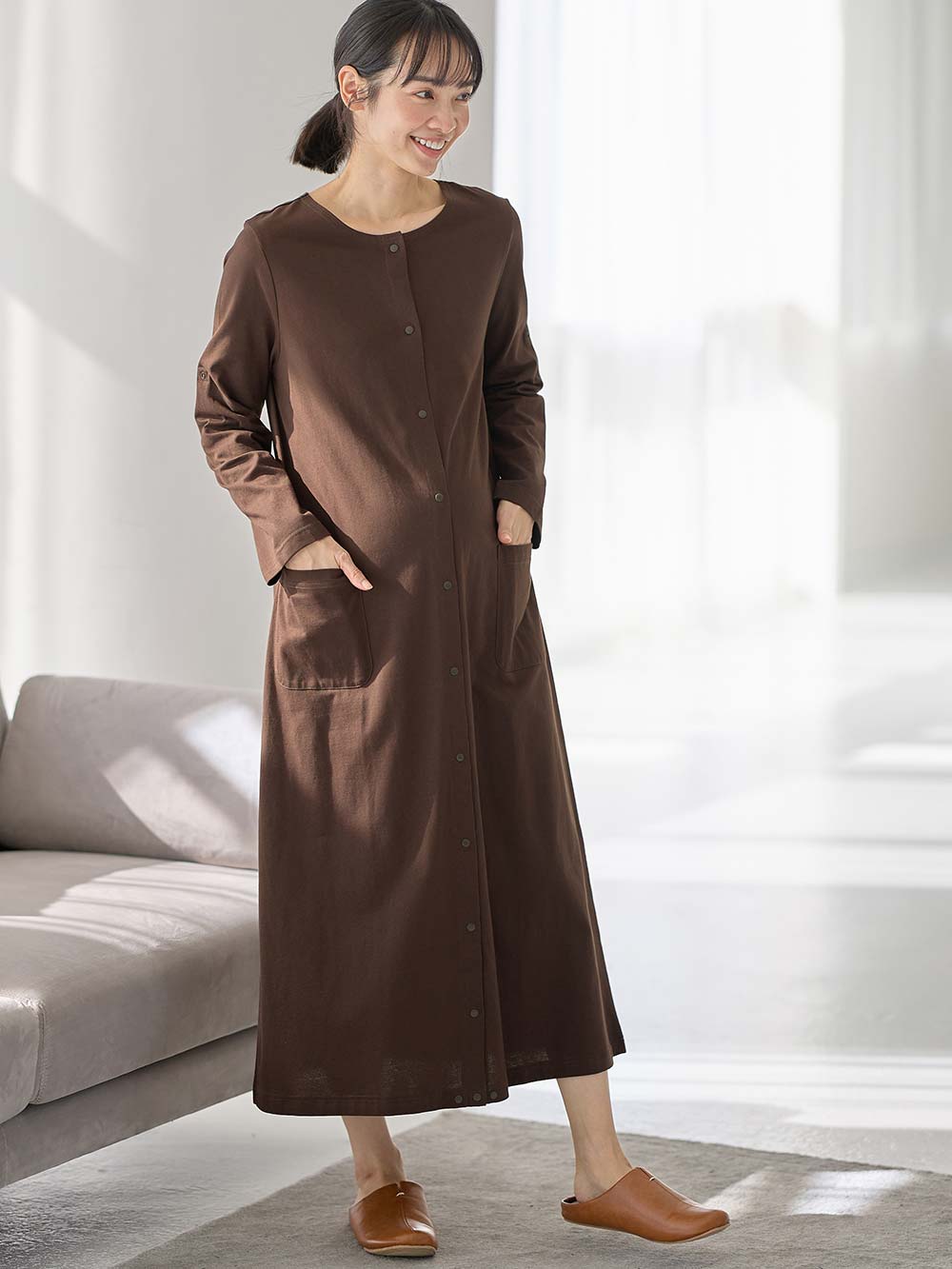 マタニティ パジャマ・ルームウェア|【防汚加工】【2WAY】綿100％前開き長袖ネグリジェ　マタニティ・授乳パジャマ【産後も長く着れる】|ブラウン