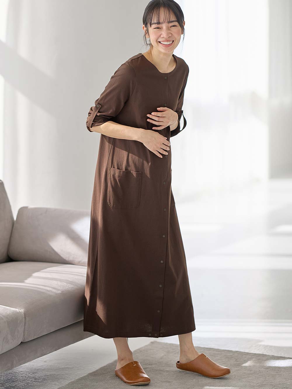 マタニティ パジャマ・ルームウェア|【防汚加工】【2WAY】綿100％前開き長袖ネグリジェ　マタニティ・授乳パジャマ【産後も長く着れる】|ブラウン