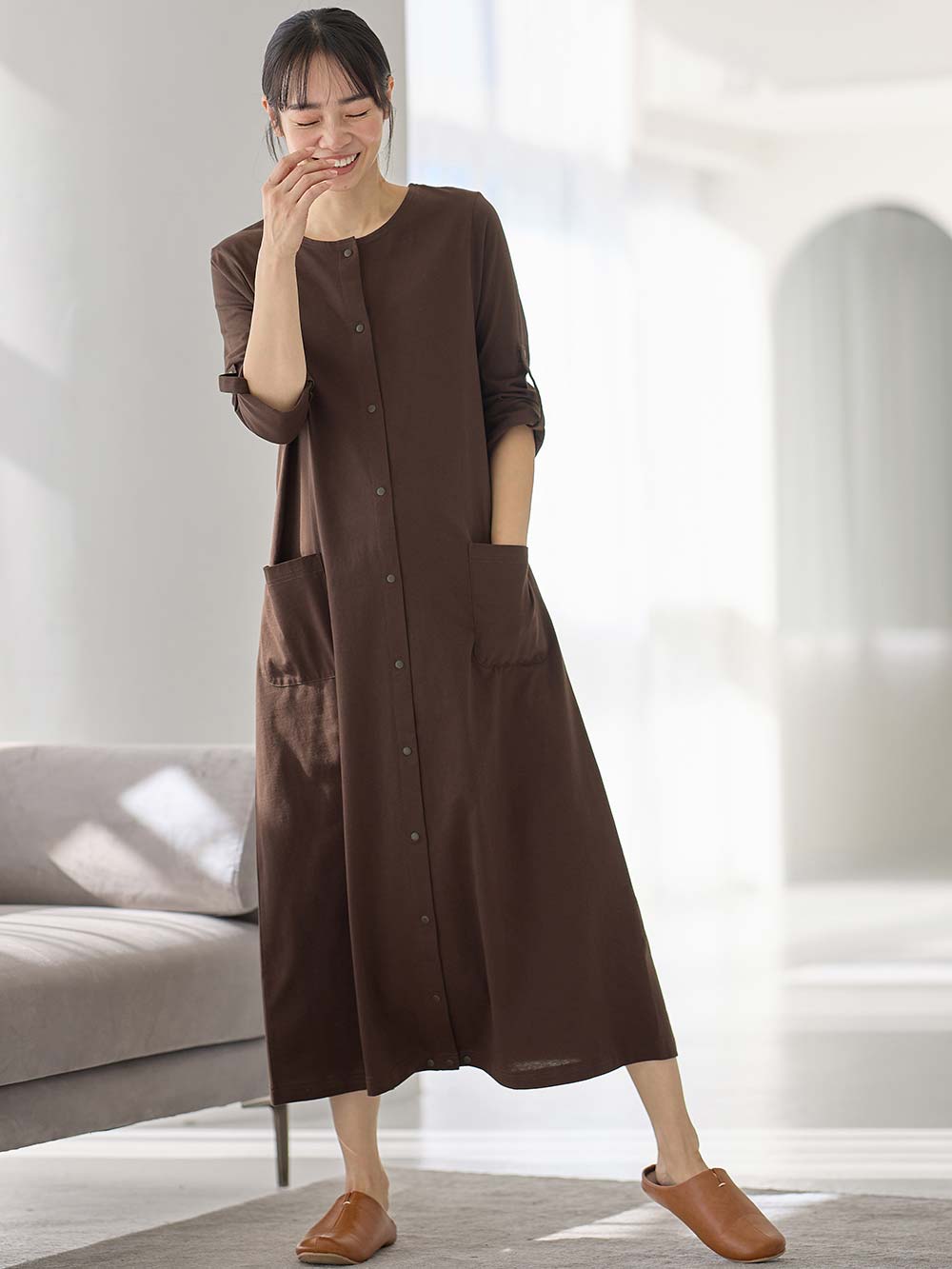 マタニティ パジャマ・ルームウェア|【防汚加工】【2WAY】綿100％前開き長袖ネグリジェ　マタニティ・授乳パジャマ【産後も長く着れる】|ブラウン