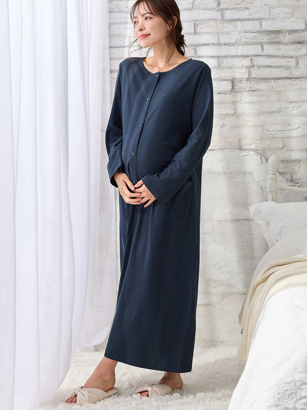 マタニティ パジャマ・ルームウェア|【防汚加工】【2WAY】綿100％前開き長袖ネグリジェ　マタニティ・授乳パジャマ【産後も長く着れる】|ネイビー