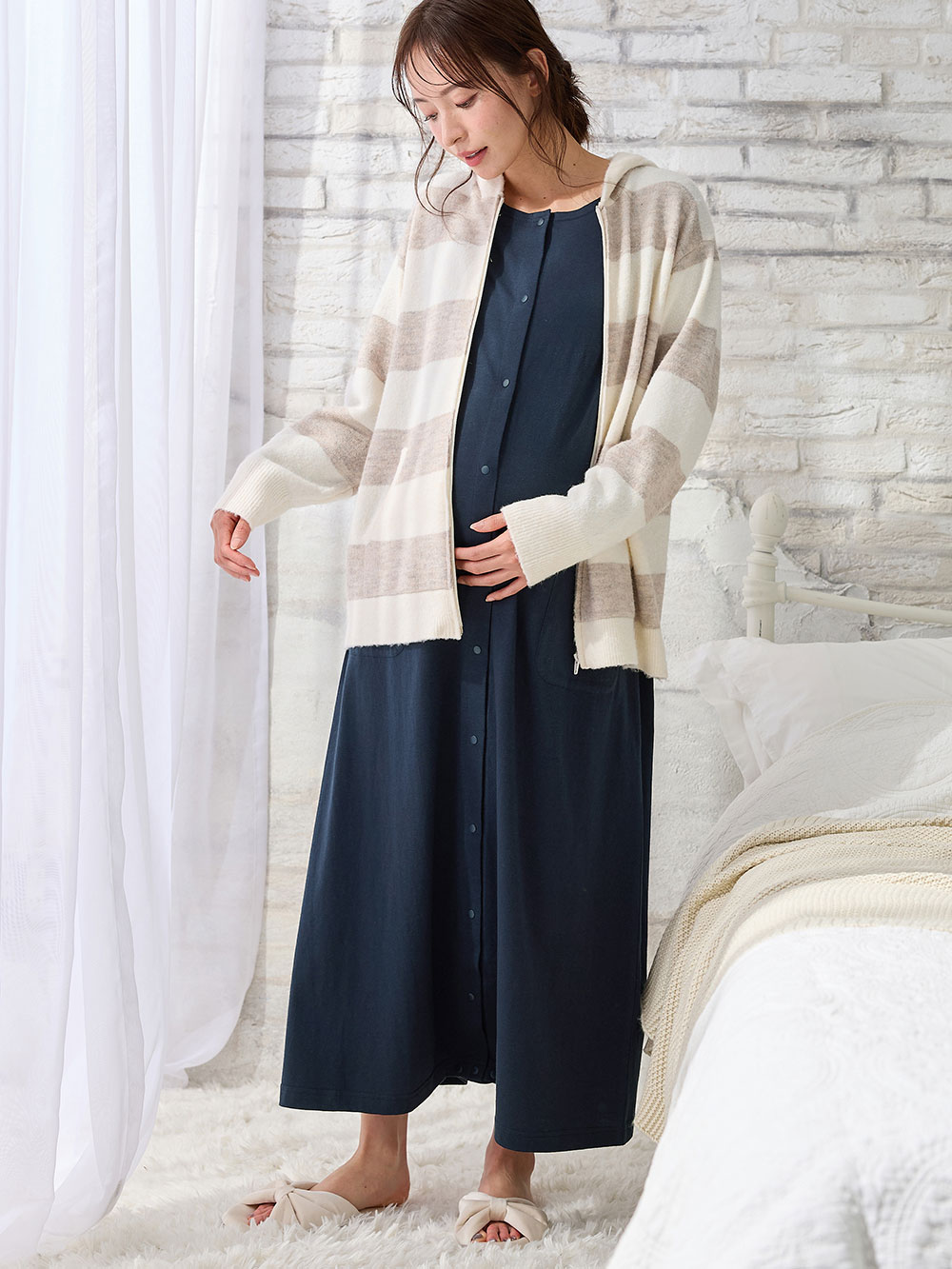 マタニティ パジャマ・ルームウェア|【防汚加工】【2WAY】綿100％前開き長袖ネグリジェ　マタニティ・授乳パジャマ【産後も長く着れる】|ネイビー