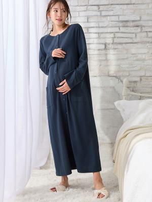 マタニティ パジャマ・ルームウェア|【防汚加工】【2WAY】綿100％前開き長袖ネグリジェ　マタニティ・授乳パジャマ【産後も長く着れる】|ネイビー
