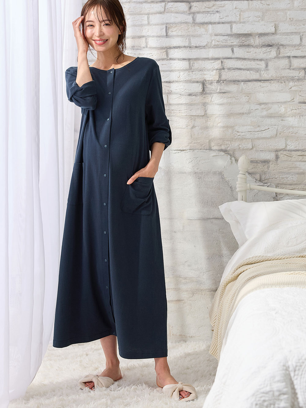 マタニティ パジャマ・ルームウェア|【防汚加工】【2WAY】綿100％前開き長袖ネグリジェ　マタニティ・授乳パジャマ【産後も長く着れる】|ネイビー