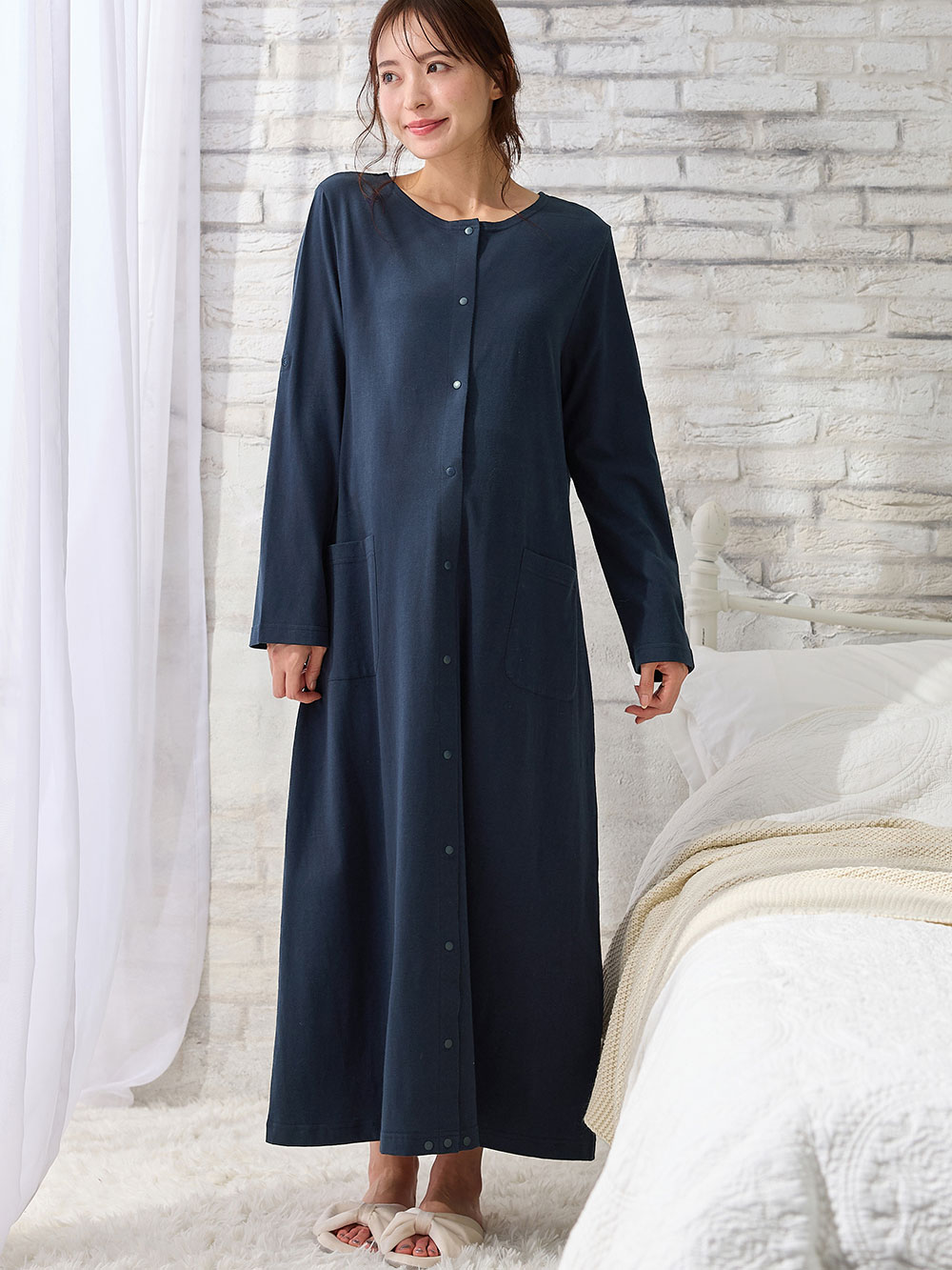 マタニティ パジャマ・ルームウェア|【防汚加工】【2WAY】綿100％前開き長袖ネグリジェ　マタニティ・授乳パジャマ【産後も長く着れる】|ネイビー