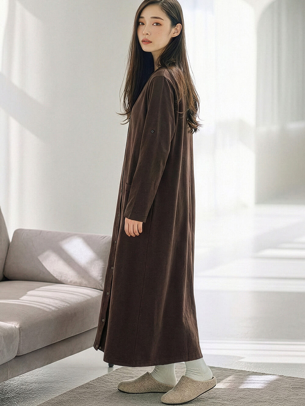 マタニティ パジャマ・ルームウェア|【防汚加工】【2WAY】綿100％前開き長袖ネグリジェ　マタニティ・授乳パジャマ【産後も長く着れる】|ブラウン