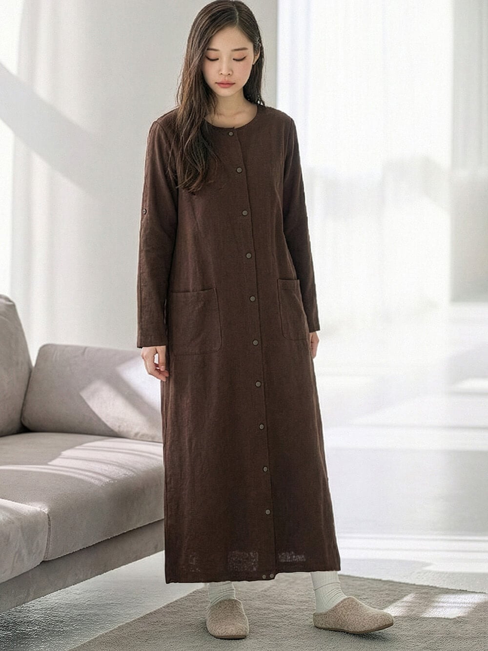 マタニティ パジャマ・ルームウェア|【防汚加工】【2WAY】綿100％前開き長袖ネグリジェ　マタニティ・授乳パジャマ【産後も長く着れる】|ブラウン