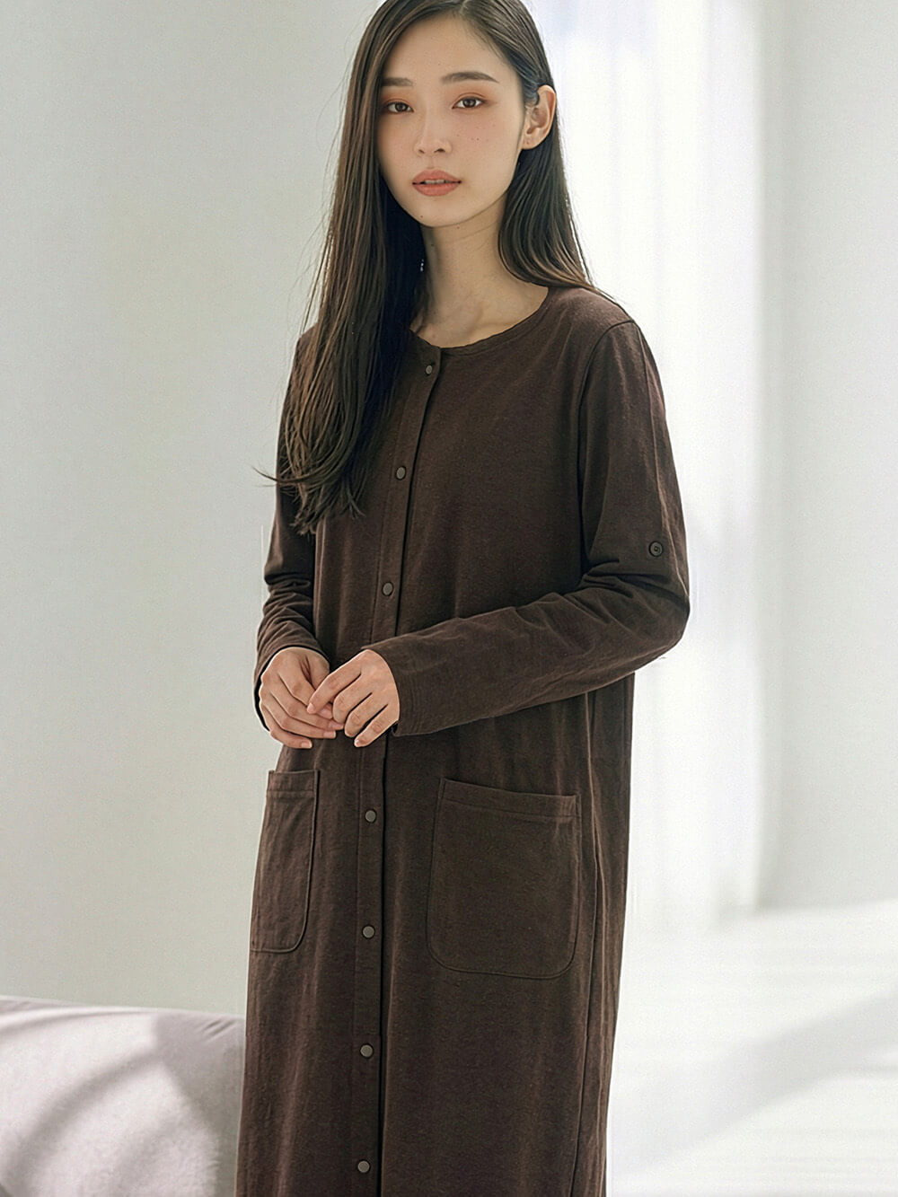 マタニティ パジャマ・ルームウェア|【防汚加工】【2WAY】綿100％前開き長袖ネグリジェ　マタニティ・授乳パジャマ【産後も長く着れる】|ブラウン