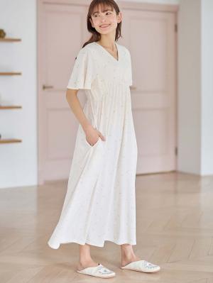 マタニティ パジャマ・ルームウェア|【親子コーデ可】星柄・オリーブ柄スムースカシュクールパット付半袖ネグリジェ【出産後も長く使える】|星柄