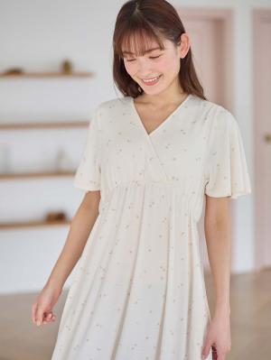 マタニティ パジャマ・ルームウェア|【親子コーデ可】星柄・オリーブ柄スムースカシュクールパット付半袖ネグリジェ【出産後も長く使える】|星柄