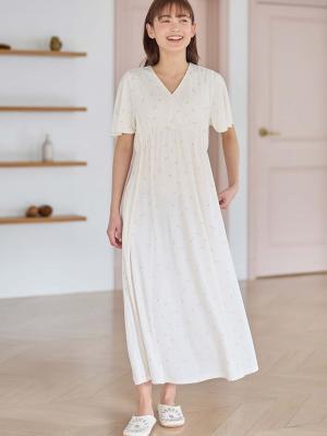 マタニティ パジャマ・ルームウェア|【親子コーデ可】星柄・オリーブ柄スムースカシュクールパット付半袖ネグリジェ【出産後も長く使える】|星柄