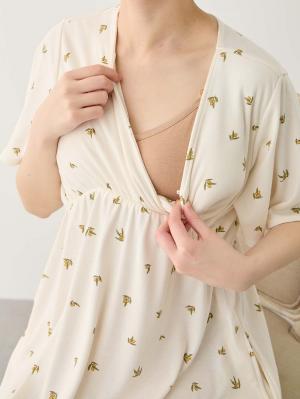 マタニティ パジャマ・ルームウェア|【親子コーデ可】星柄・オリーブ柄スムースカシュクールパット付半袖ネグリジェ【出産後も長く使える】