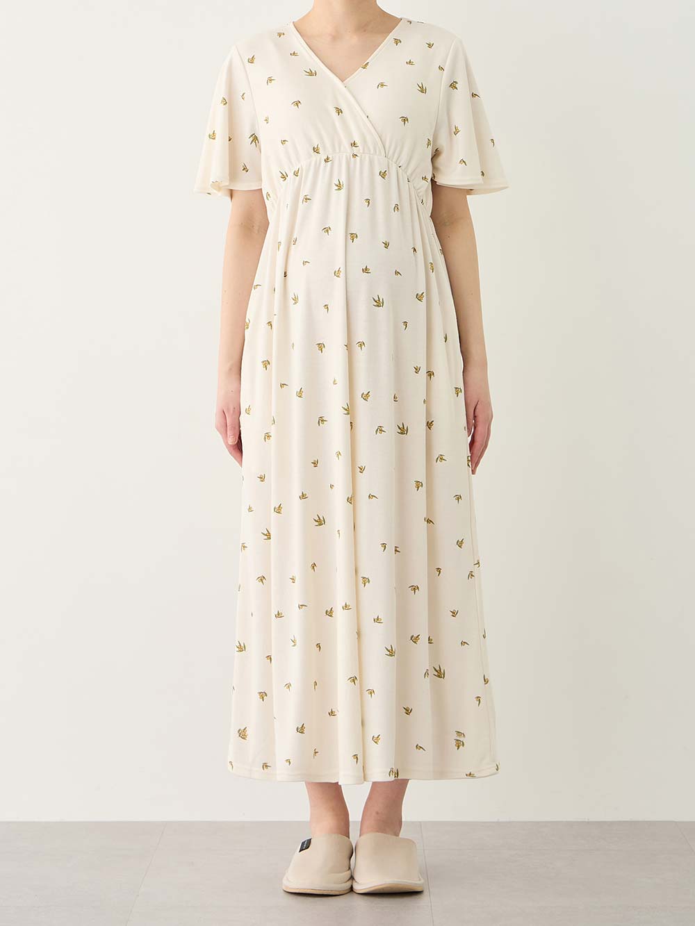 マタニティ パジャマ・ルームウェア|【親子コーデ可】星柄・オリーブ柄スムースカシュクールパット付半袖ネグリジェ【出産後も長く使える】