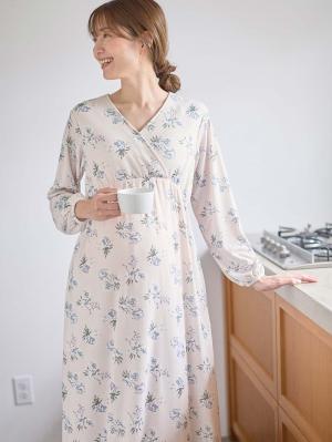 マタニティ パジャマ・ルームウェア|【親子コーデ可】花柄スムースカシュクールパッド付長袖ネグリジェ 【出産後も長く使える】|ペールピンク×プリント
