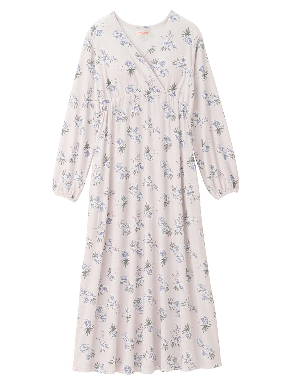 マタニティ パジャマ・ルームウェア|【親子コーデ可】花柄スムースカシュクールパッド付長袖ネグリジェ 【出産後も長く使える】|ペールピンク×プリント