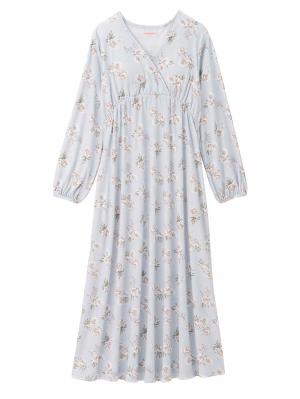 【親子コーデ可】花柄スムースカシュクールパッド付長袖ネグリジェ 【出産後も長く使える】 10580