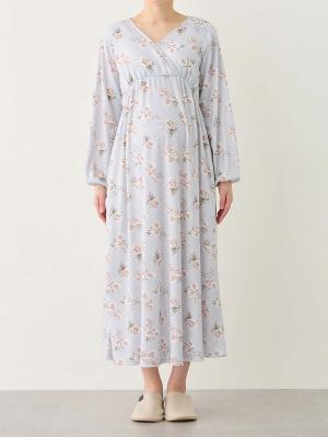 マタニティ パジャマ・ルームウェア|【親子コーデ可】花柄スムースカシュクールパッド付長袖ネグリジェ 【出産後も長く使える】