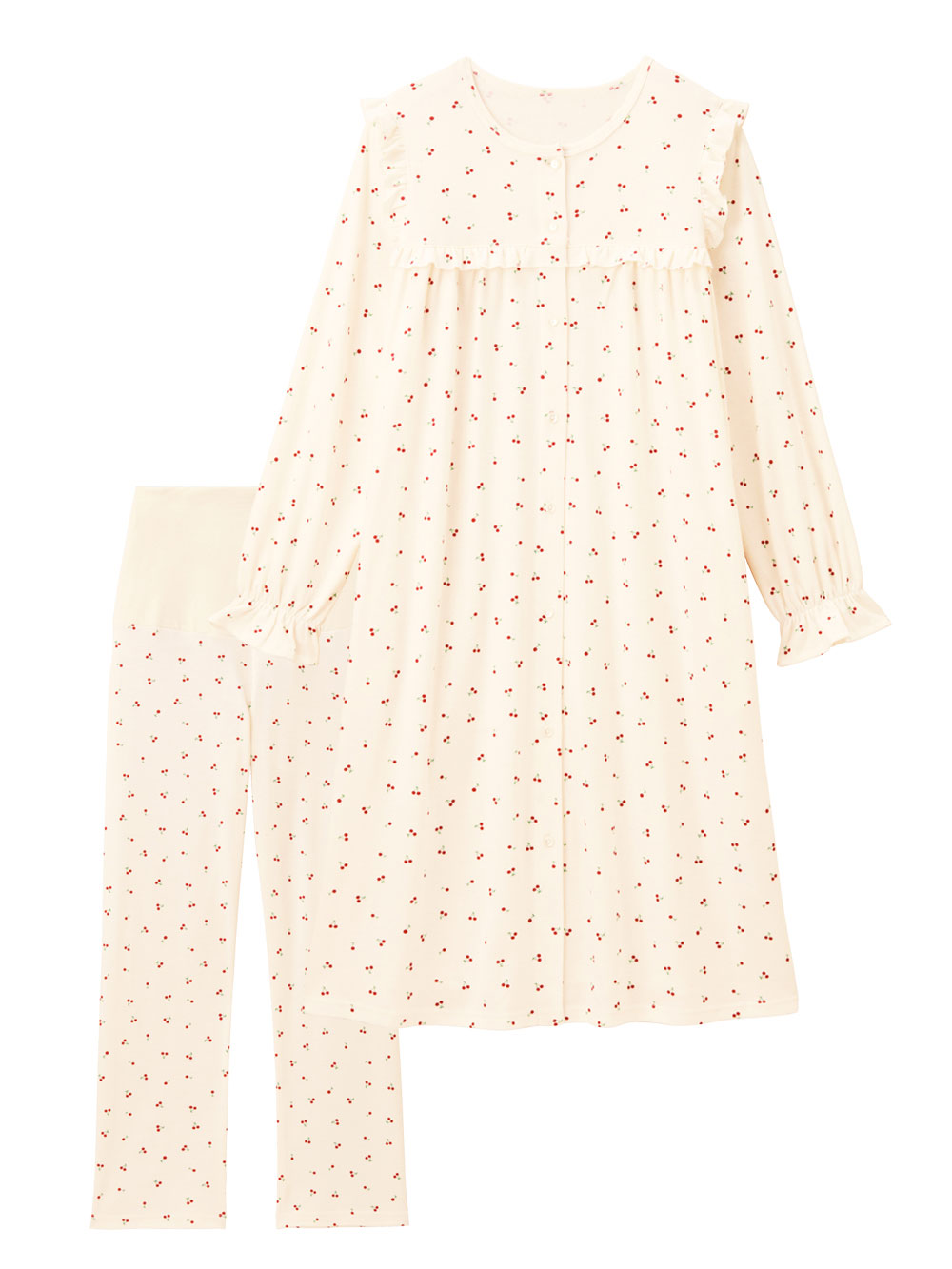 マタニティ パジャマ・ルームウェア|【親子コーデ可】綿混やわらかスムースチェリープリントフリルパジャマ マタニティ・授乳パジャマ【出産後も長く使える】|オフ