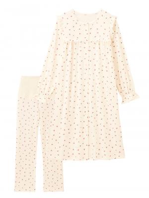 綿混やわらかスムースチェリープリントフリルパジャマ　マタニティ・授乳パジャマ【出産後も長く使える】10581