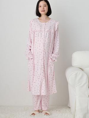 マタニティ パジャマ・ルームウェア|【親子コーデ可】綿混やわらかスムースチェリープリントフリルパジャマ マタニティ・授乳パジャマ【出産後も長く使える】|ピンク