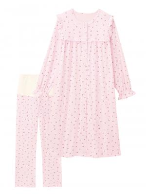 マタニティ パジャマ・ルームウェア|【親子コーデ可】綿混やわらかスムースチェリープリントフリルパジャマ マタニティ・授乳パジャマ【出産後も長く使える】|ピンク
