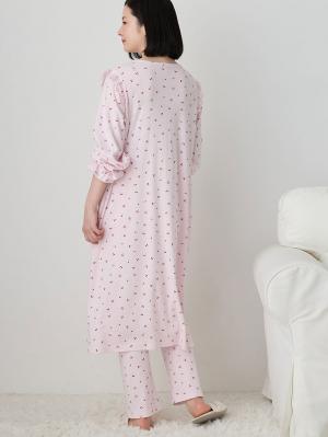 マタニティ パジャマ・ルームウェア|【親子コーデ可】綿混やわらかスムースチェリープリントフリルパジャマ マタニティ・授乳パジャマ【出産後も長く使える】|ピンク