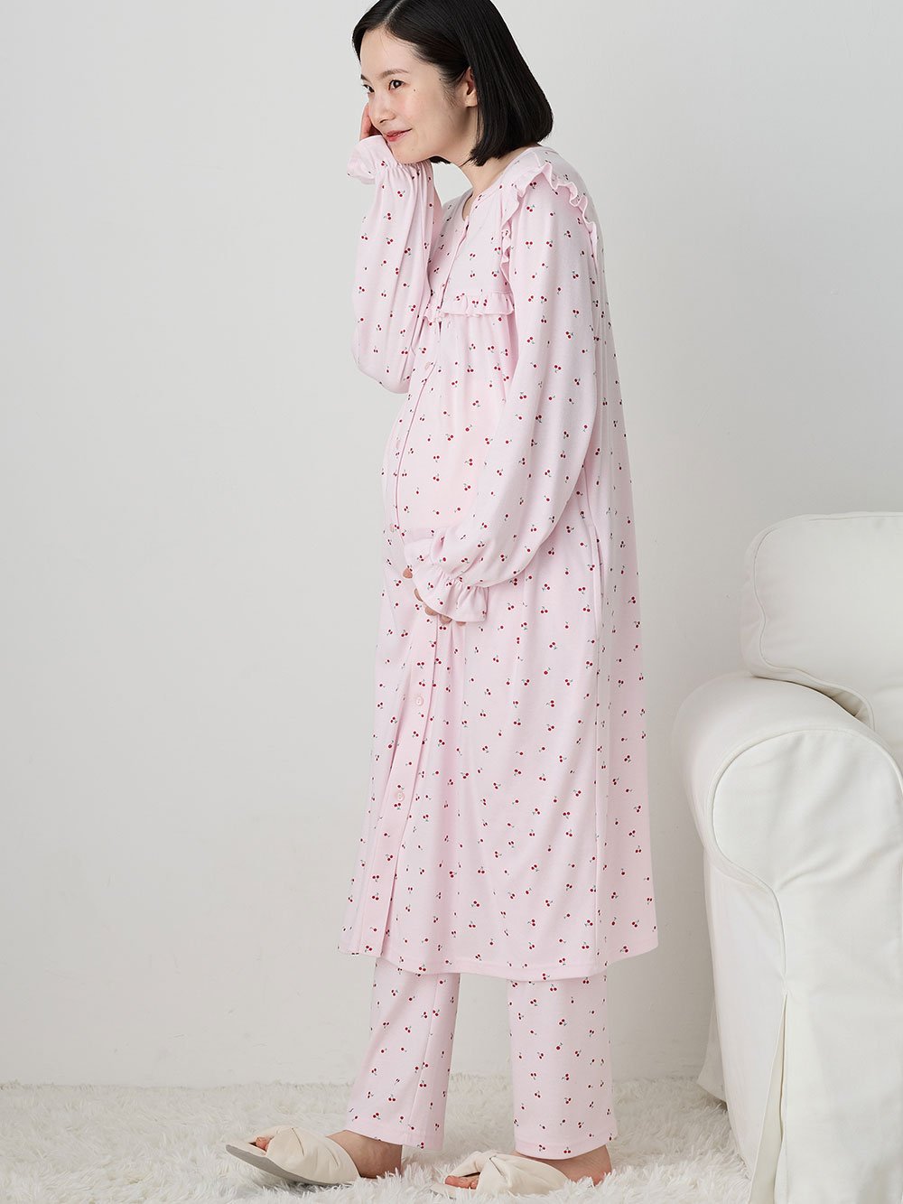 ダブルガーゼ チェリープリントフリルトップス ロングパンツセット ダブルガーゼ チェリープリントフリルトップス ロングパンツセット