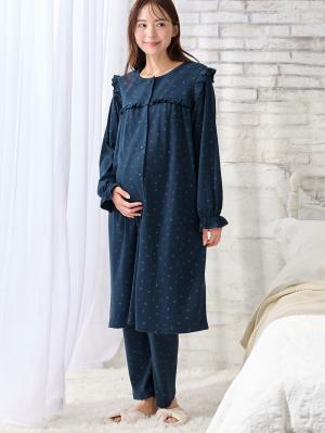 マタニティ パジャマ・ルームウェア|【親子コーデ可】綿混やわらかスムースチェリープリントフリルパジャマ マタニティ・授乳パジャマ【出産後も長く使える】|ネイビー
