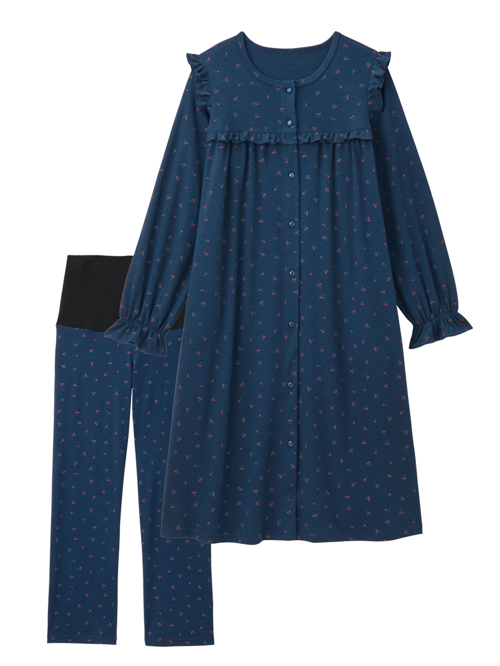 マタニティ パジャマ・ルームウェア|【親子コーデ可】綿混やわらかスムースチェリープリントフリルパジャマ マタニティ・授乳パジャマ【出産後も長く使える】|ネイビー