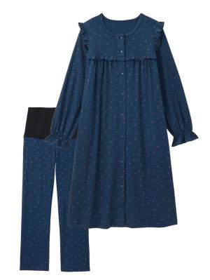 【親子コーデ可】綿混やわらかスムースチェリープリントフリルパジャマ　マタニティ・授乳パジャマ【出産後も長く使える】10581