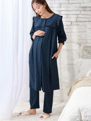 マタニティ パジャマ・ルームウェア|【親子コーデ可】綿混やわらかスムースチェリープリントフリルパジャマ マタニティ・授乳パジャマ【出産後も長く使える】|ネイビー