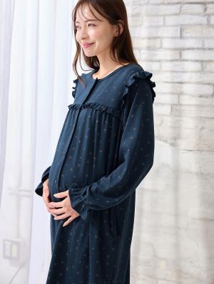 マタニティ パジャマ・ルームウェア|【親子コーデ可】綿混やわらかスムースチェリープリントフリルパジャマ マタニティ・授乳パジャマ【出産後も長く使える】|ネイビー