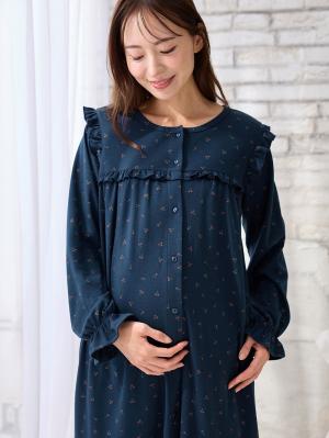 マタニティ パジャマ・ルームウェア|【親子コーデ可】綿混やわらかスムースチェリープリントフリルパジャマ マタニティ・授乳パジャマ【出産後も長く使える】|ネイビー