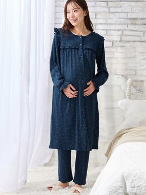 マタニティ パジャマ・ルームウェア|【親子コーデ可】綿混やわらかスムースチェリープリントフリルパジャマ マタニティ・授乳パジャマ【出産後も長く使える】|ネイビー