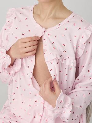 マタニティ パジャマ・ルームウェア|【親子コーデ可】綿混やわらかスムースチェリープリントフリルパジャマ マタニティ・授乳パジャマ【出産後も長く使える】