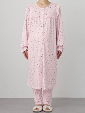 マタニティ パジャマ・ルームウェア|【親子コーデ可】綿混やわらかスムースチェリープリントフリルパジャマ マタニティ・授乳パジャマ【出産後も長く使える】