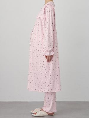 マタニティ パジャマ・ルームウェア|【親子コーデ可】綿混やわらかスムースチェリープリントフリルパジャマ マタニティ・授乳パジャマ【出産後も長く使える】