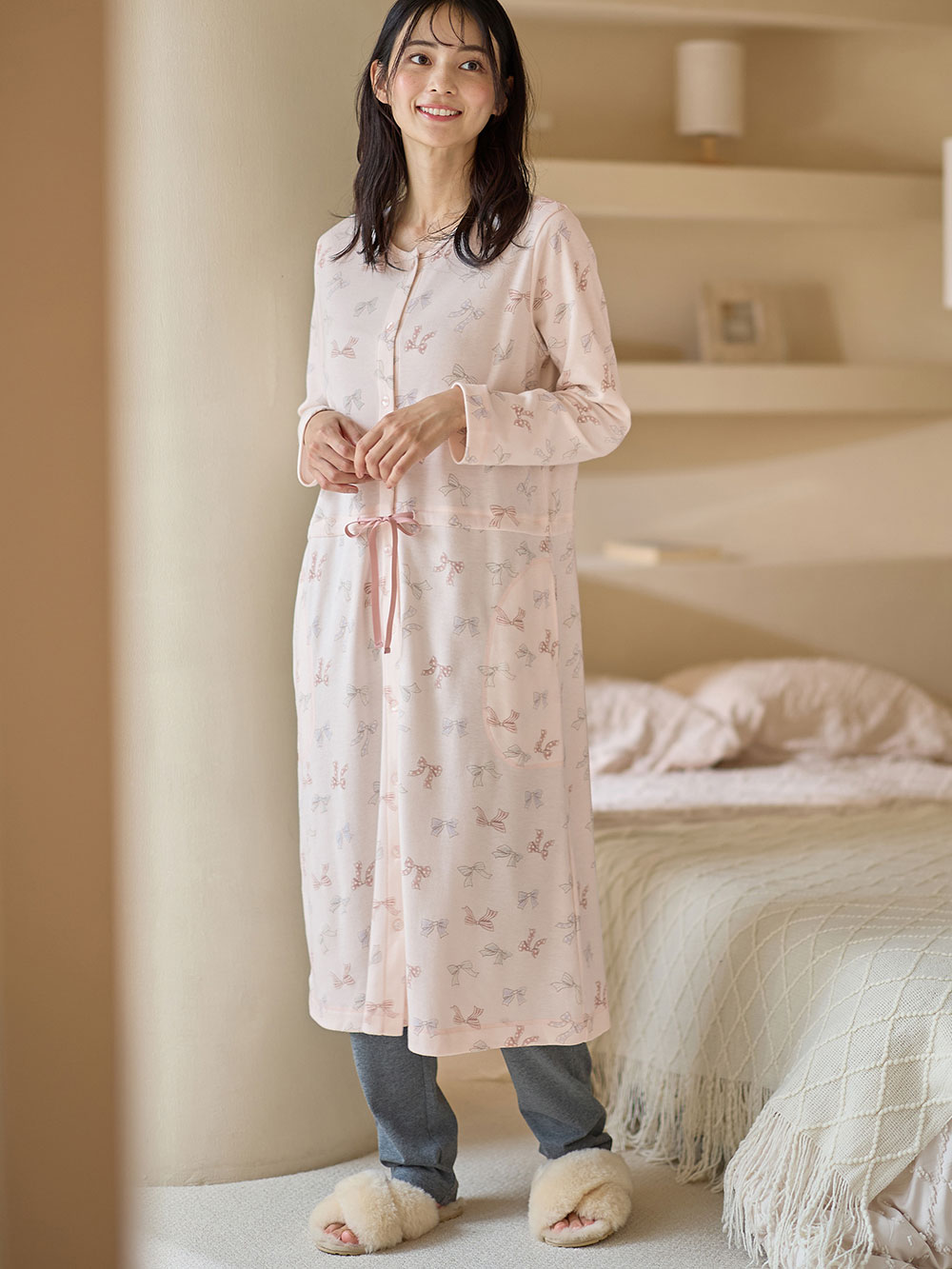 マタニティ パジャマ・ルームウェア|【親子コーデ可】リボン柄プリント２ＷＡＹパジャマ　マタニティ・授乳パジャマ【出産後も長く使える】|ピンク