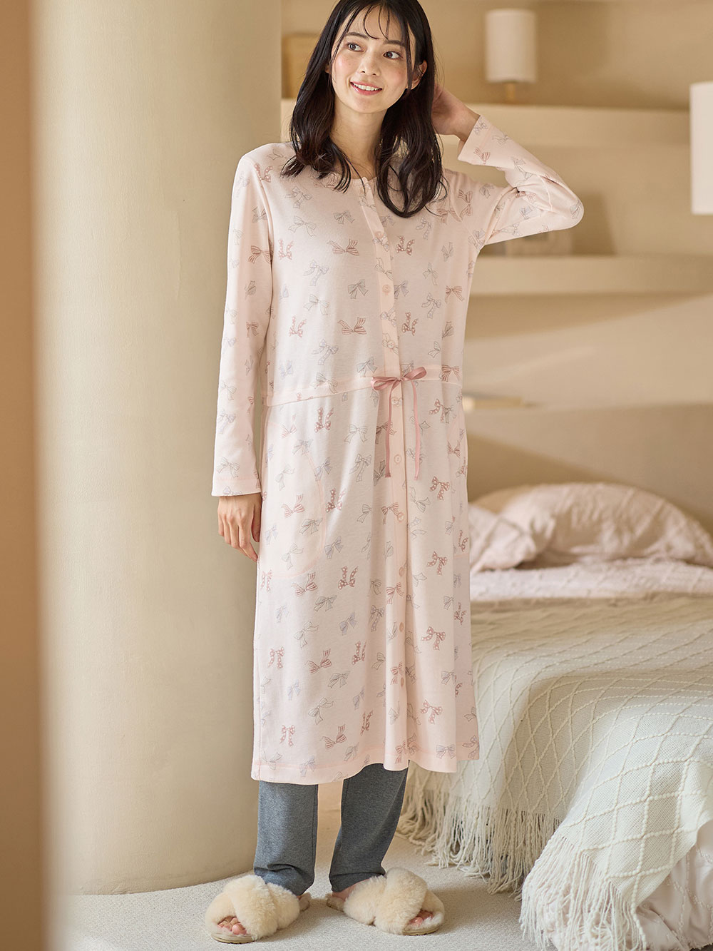 マタニティ パジャマ・ルームウェア|【親子コーデ可】リボン柄プリント２ＷＡＹパジャマ　マタニティ・授乳パジャマ【出産後も長く使える】|ピンク